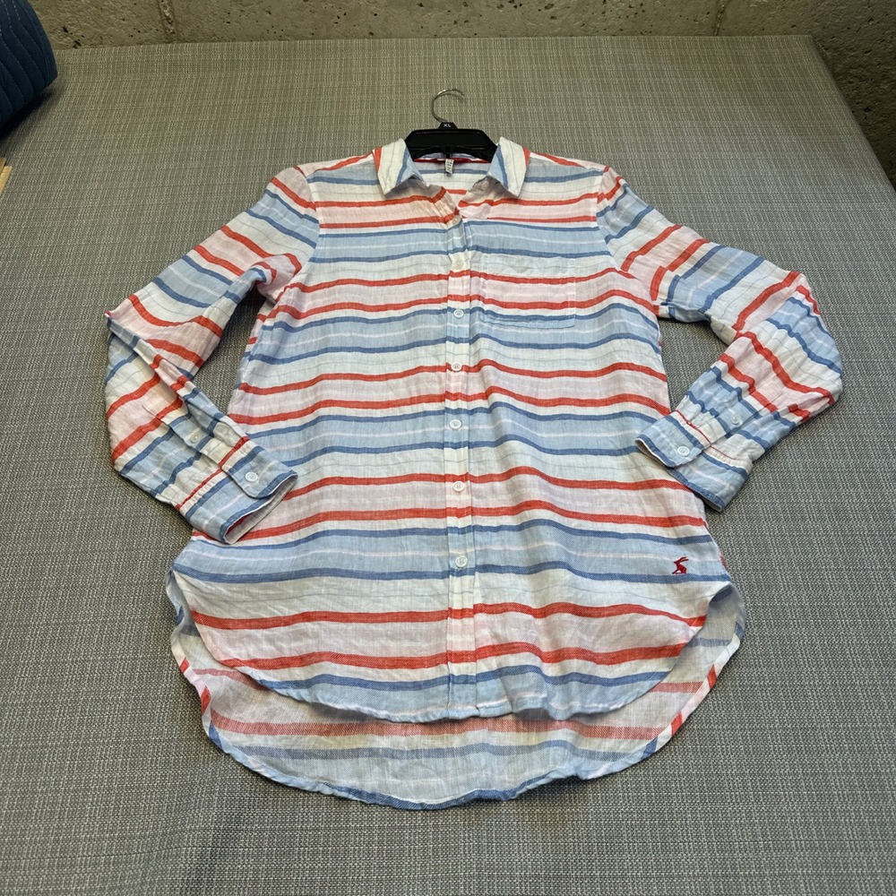 Joules 100% Linen Stripe Shirt size 6 Button Down Coastal Preppy Beach Vacation